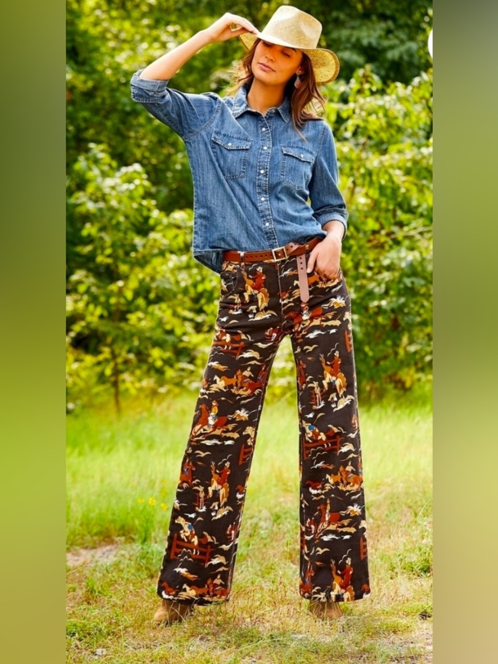 Cowboy on Horse Western Wide-Leg  Pants - Picture 2 of 7
